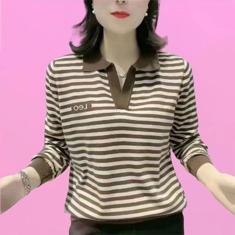 Autumn New Fashion Dopamine Fashionable Large-size Middle-aged Cotton Polo Shirt Long-sleeved Collared Women's T-shirt