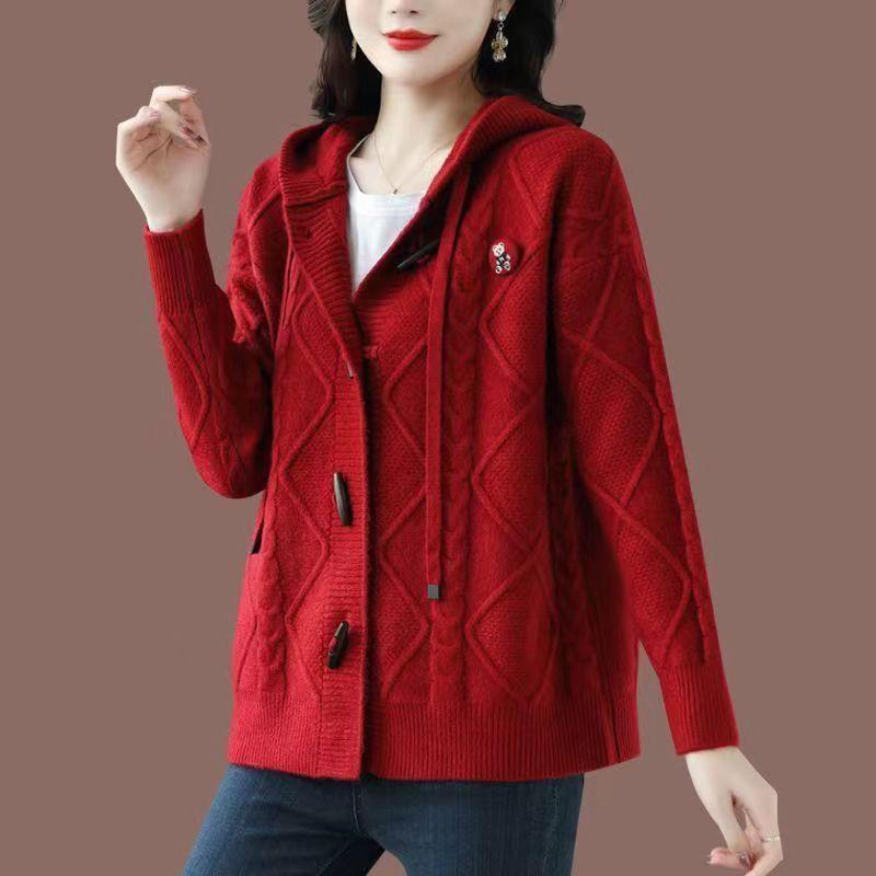 Corner buckle knitted cardigan women's early autumn new autumn and winter thickened lazy loose top sweater women