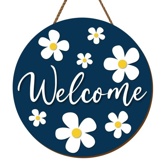 Floral Pattern Wood Sign Wooden Daisy Welcome for Front Door, Rustic Farmhouse Hanging Wall Decor Indoor Outdoor with Hemp Rope, Plaque Home Entrance