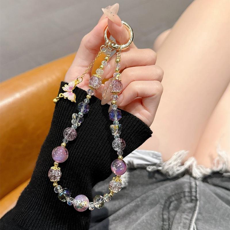 Premium Crystal Bead Mobile Phone Chain Alloy Butterfly Small Fragrant Wind Beaded Gold Foil Pendant Keychain Wrist Chain Versatile