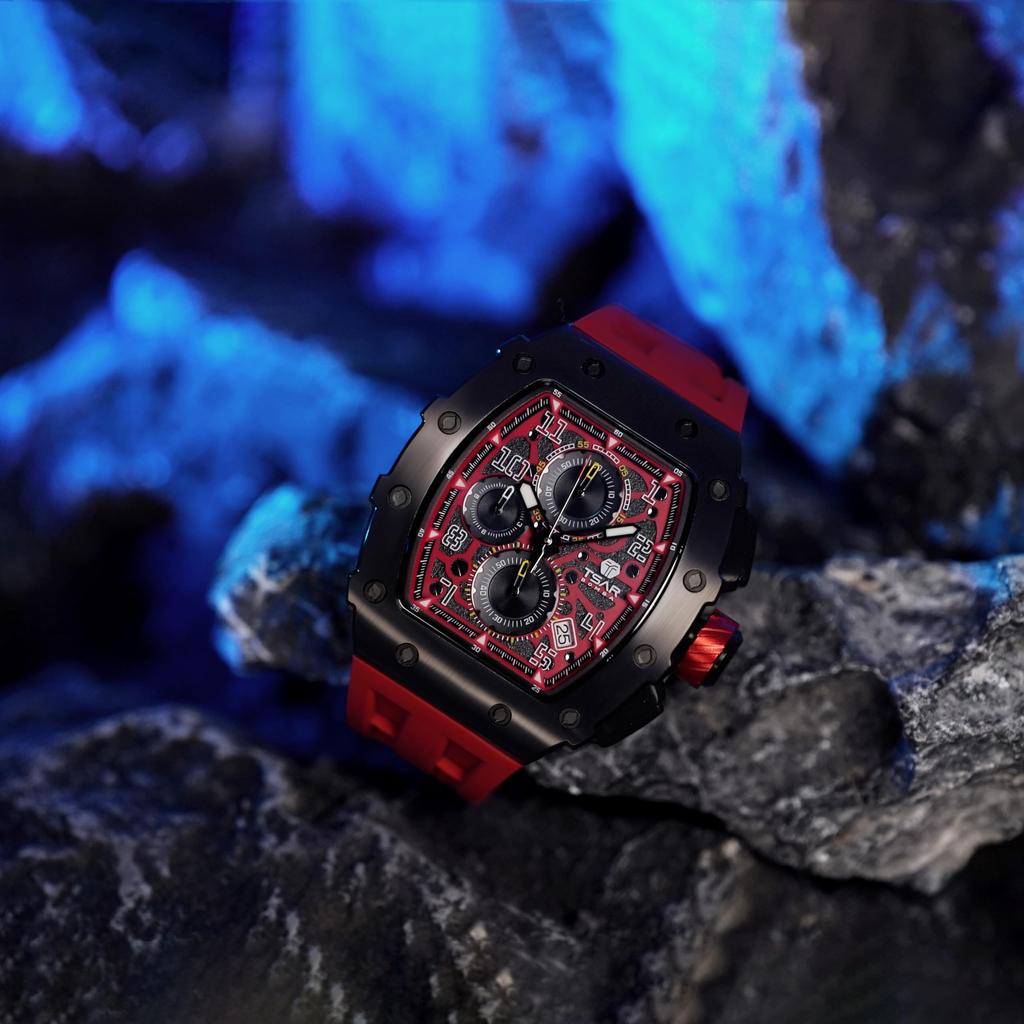 TSAR BOMBA Men's Tonneau Watch 50M Waterproof Sapphire Crystal Silicone Strap Japanese Movement Red Case Thickness 16.8mm