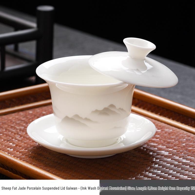 Sheep Fat Jade Porcelain Rotating Gaiwan High-End Ceramic Gongfu Tea Set