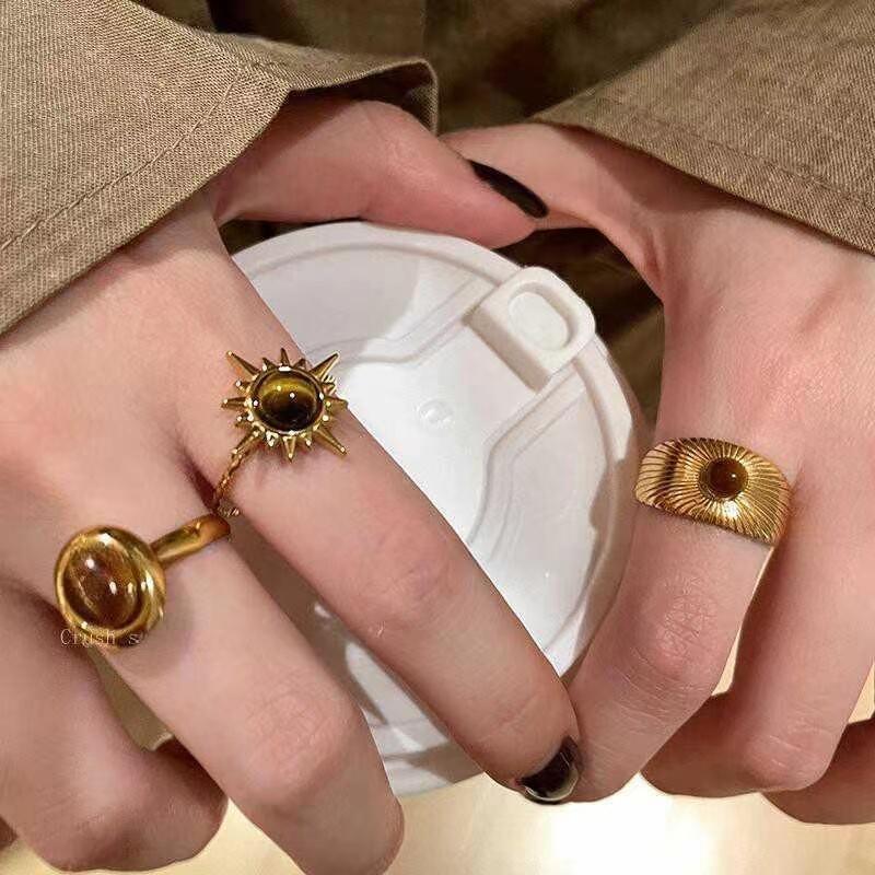 Vintage Brown Stone Rings for Women Girls Sun Gold Color Irregular Opening Adjustable Finger Ring Party Aesthetic Jewelry Gift