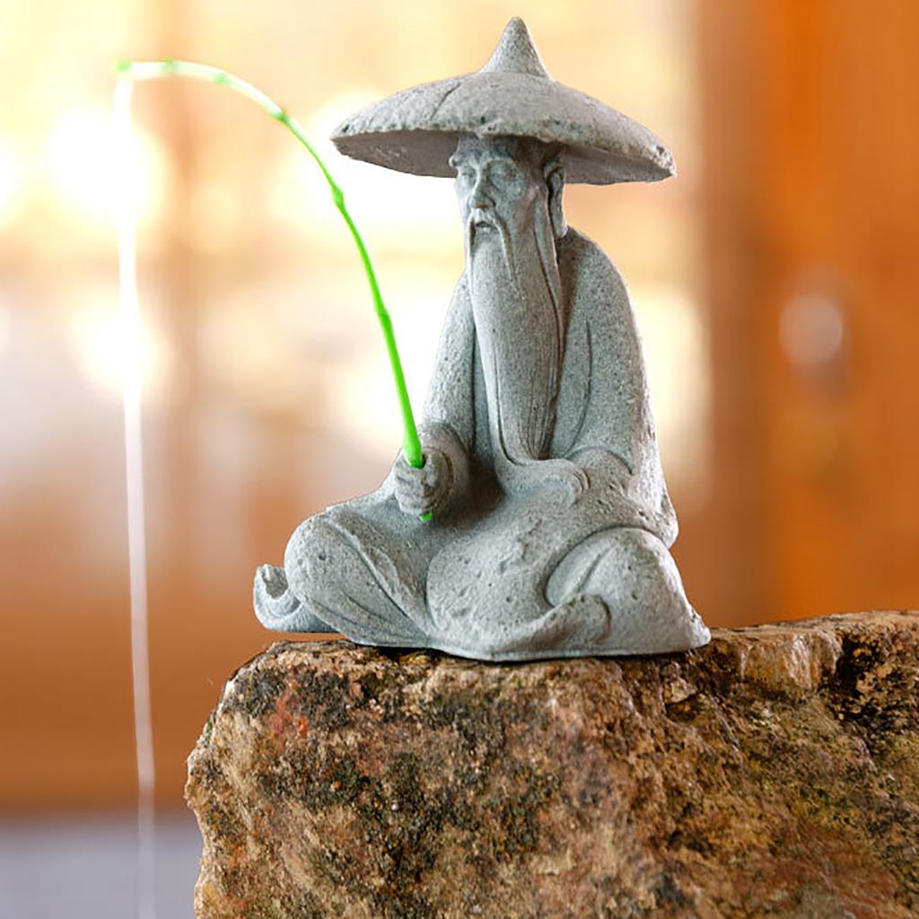 Mini Fisherman Statue Aquarium Sitting Fishing Figurine Asian Zen Decoration Sandstone Vintage