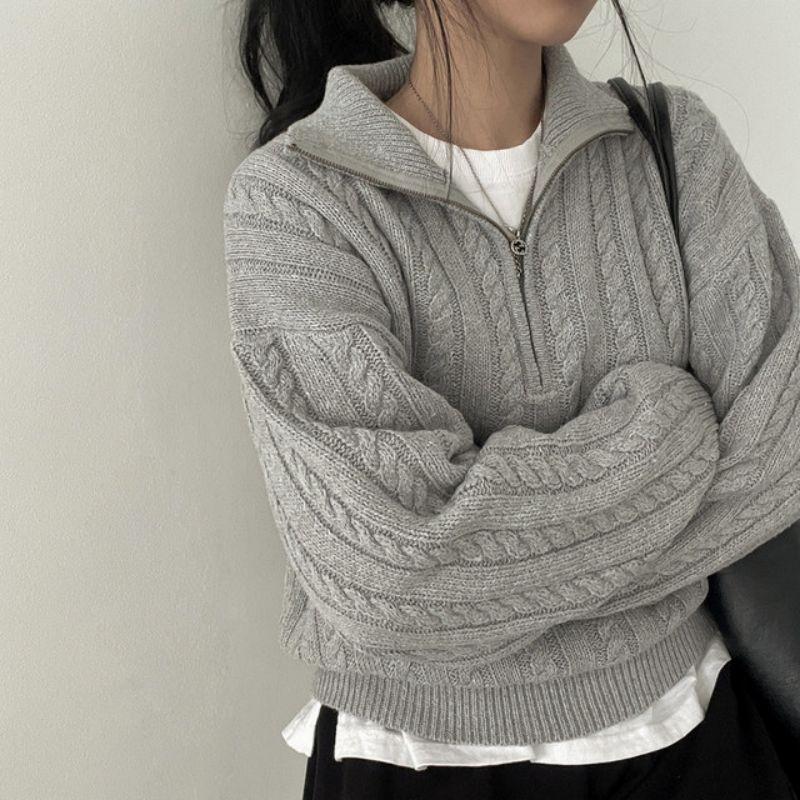 Korean Style Retro Cable Knit Zipper Pullover Sweater - Women's Autumn/Winter 2025 Collection