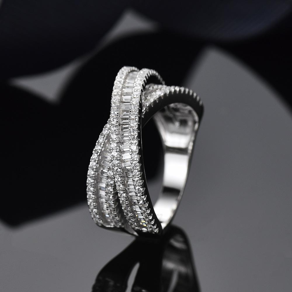 S925 Sterling Silver Double-Layer Cross Diamond Ring - High-End European & American Jewelry US Size 7