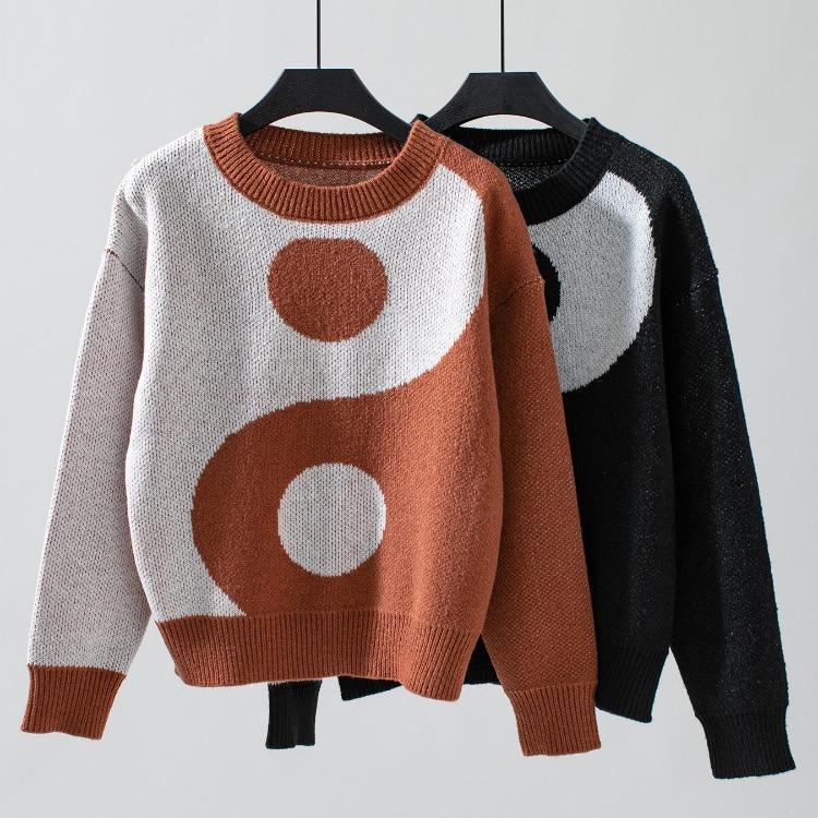 Vintage Print Loose Knitwear Cardigan Long Sleeve O-Neck Sweater Autumn Winter Top