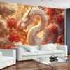 Elegante Weiße Drachen-Wandteppich Lebendige Rote Blumen Goldene Wolken Detaillierte Schuppen für Mythische und Majestätische Heimdekoration Wandkunst