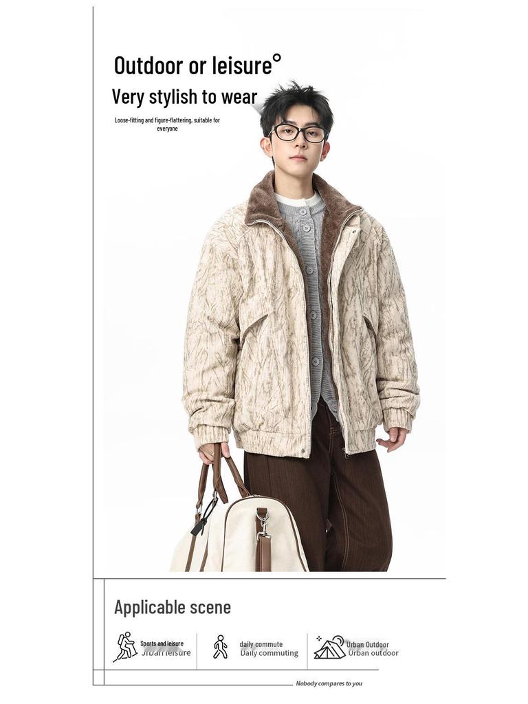 2025 Men's Japanese Retro Fur Collar Cotton Padded Jacket - Warm, Casual, Loose Fit Fashion Top for Autumn/Winter