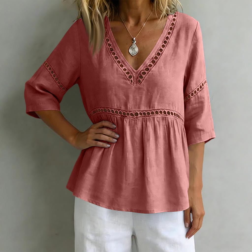 Ladies' Fashionable Casual V-neck Mid Sleeve Women's Top Shirt