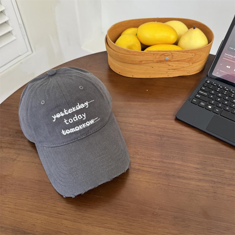 American Ripped Baseball Cap Women's Spring and Summer Letter Embroidery Washed Peaked Cap Showing Small Face Plus Large Brim Sun Hat Men