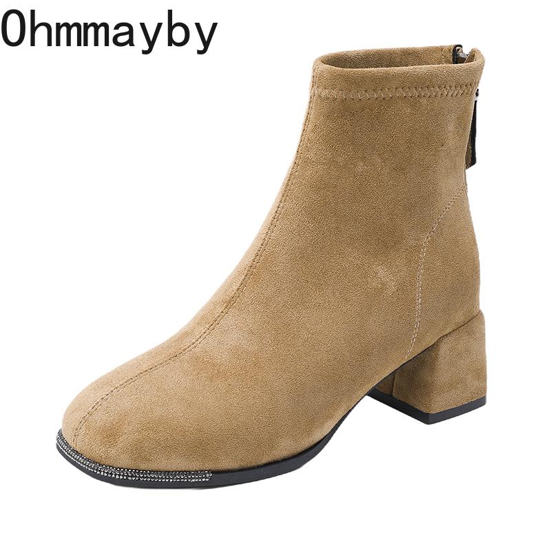 Autumn Winter Rhinestone Square Toe Stretch Slim Women Ankle Boots Street Style Banquet Party High Heel Short Botas Mujer