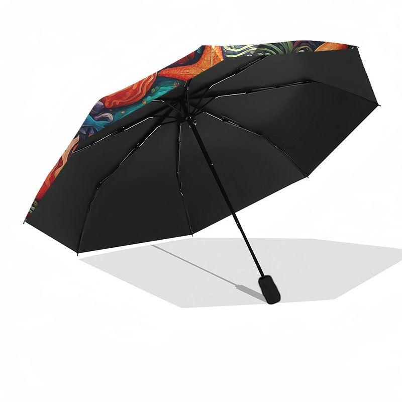 Underwater Paradise: Vibrant Sea Life Circular Art Print Umbrella, Cute Umbrella with Cute Design, Portable 3-Fold Compact Umbrella for Men & Women, V