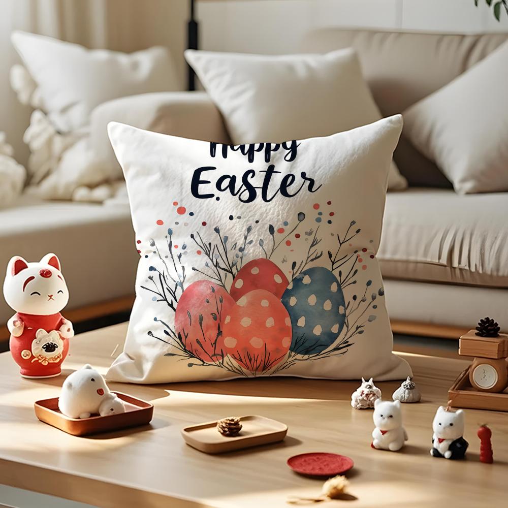 Happy Easter Bunny Cushion Cover Silky Short Plush with Invisible Zipper Dustproof Sofa Pillow Case for Home Decor