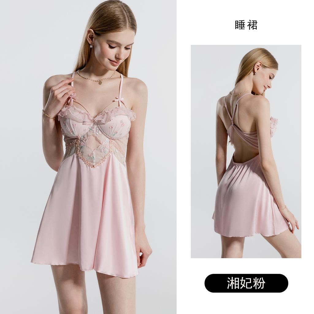Women's Satin Lace Sheer Mesh Padded Backless Cami Sleep Dress with Robe Lounge Set