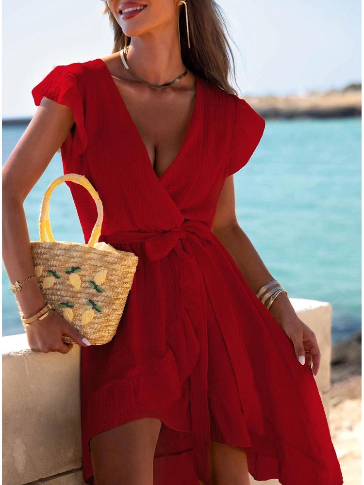 2026 Summer Asymmetrical V-Neck Beach Dress – Women's Vacation Style