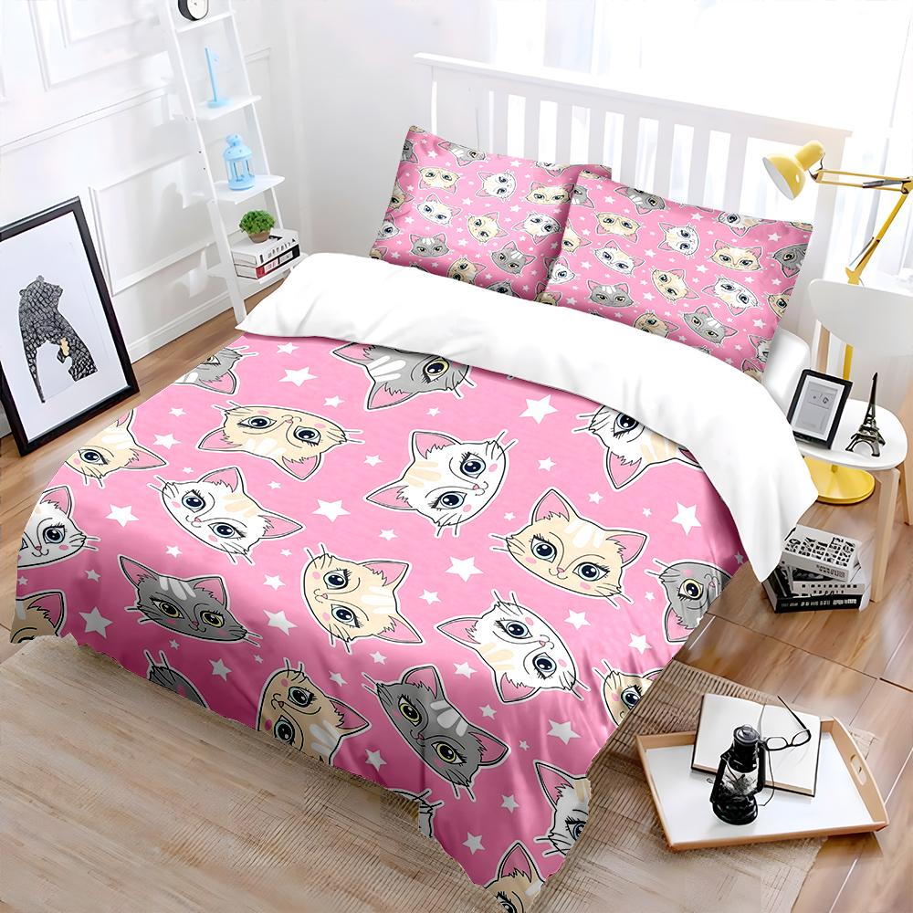 Cartoon Cat Heads Pink Background Bedding Set For Kids Luxury Gift 3Pcs Digital Print Comforter Set Soft Comfortable Breathable