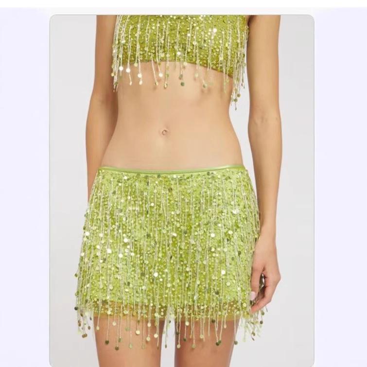 Sexy Tassel Sequin Crop Top & Mini Skirt Women's Set: Cross-Border European & American Fashion