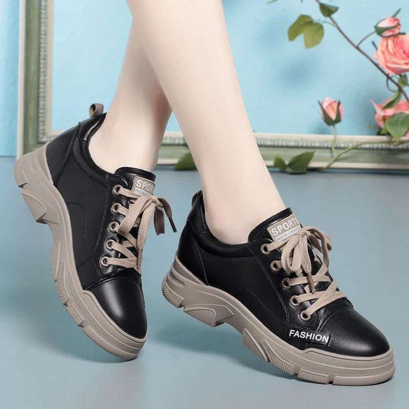 Spring Non-slip Soft Leather Sneaker Trekking Footwear New Women's Thick-soled Lace-up Leisure Skateboard Sports Shoes2025