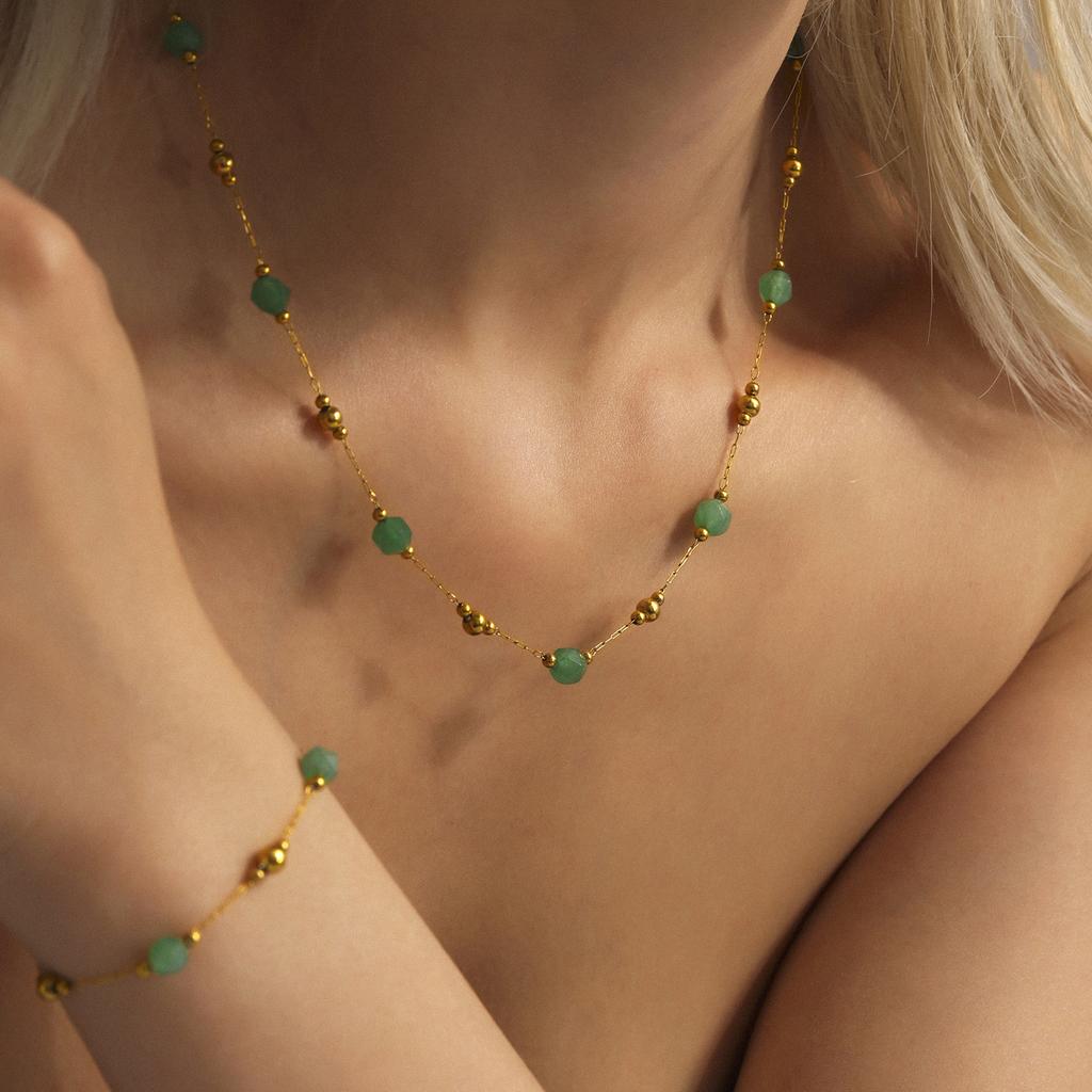 Bohemian 316 Stainless Steel Gold-Plated Ball Beaded Necklace Pink Green Natural Stone Chain Bracelet Set Women's Summer Zircon