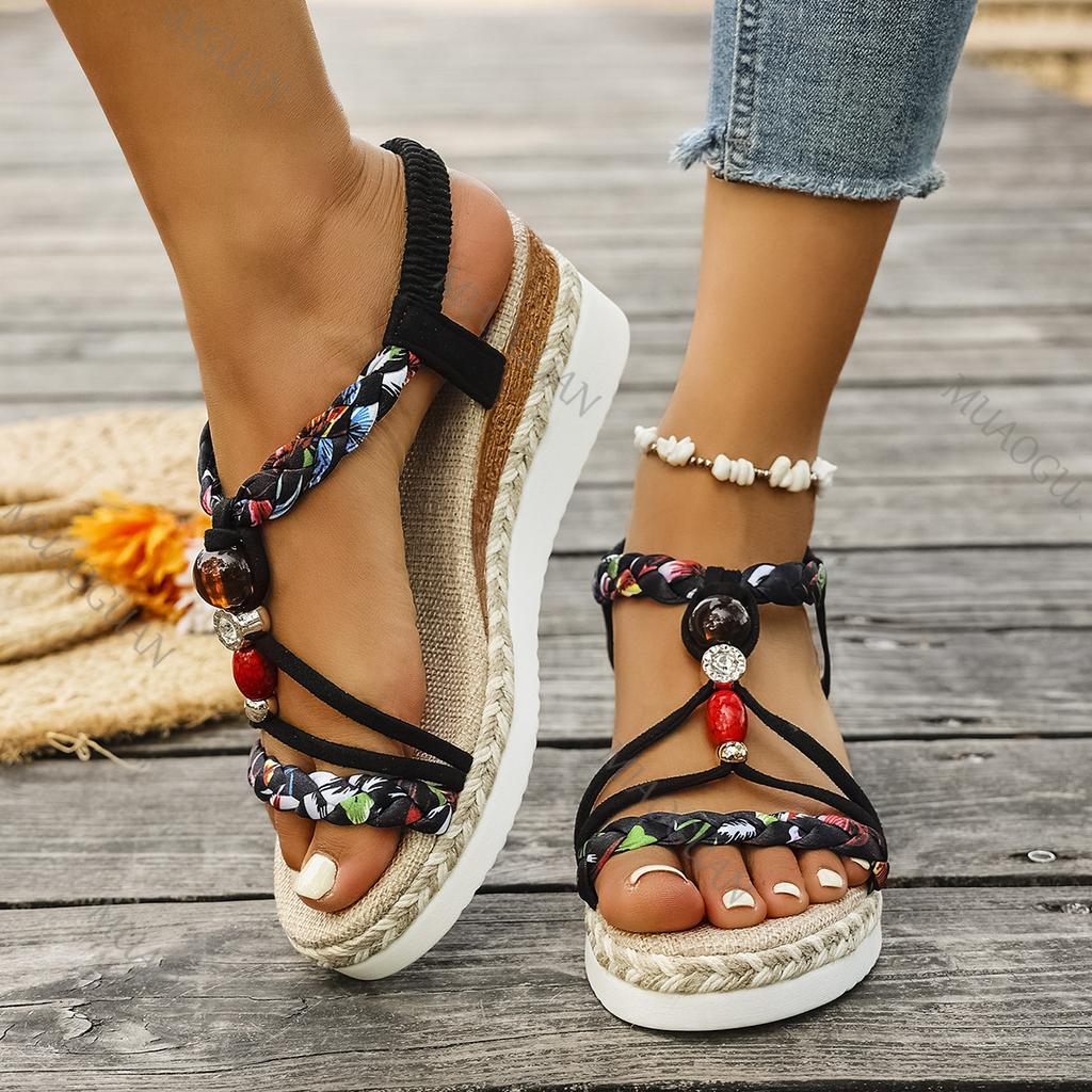 Fashion Women's Sandals Summer 2025 Bohemian Style Rhinestone Wedge-heeled Sandal Casual Mixed Color High Heel Open-toe Roman Sandales