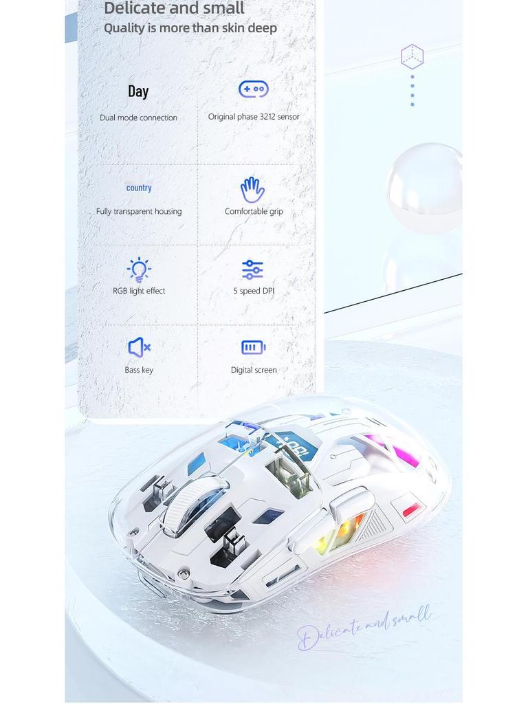 Free Wolf A2 Dual-Mode RGB Wireless Bluetooth Transparent Gaming Mouse