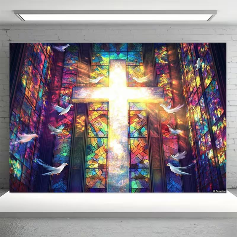 

2D Stained Glass Cross Backdrop for Baptism & Church Event Photoshoot 47.2x31.5inch/120*80cm