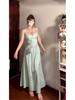 Green Spaghetti Strap Backless A-Line Summer Dress with Cinched Waist  