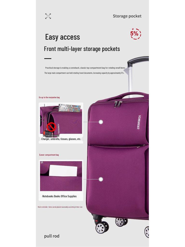 20-Inch Oxford Cloth Trolley Case with Universal Wheels, Leather Suitcase, Password Lock, Carry-On Luggage for Men and Women