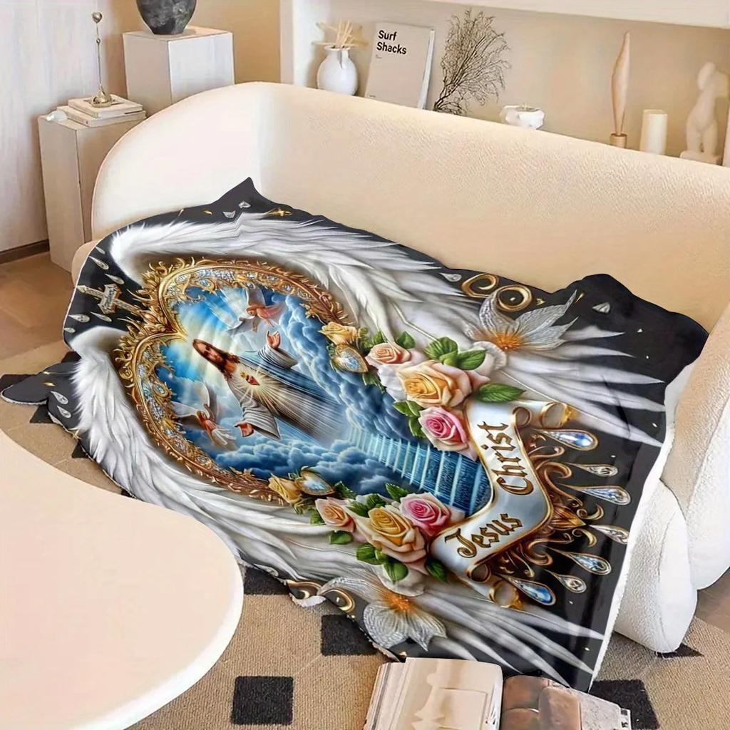 Jesus Christus Engelsherz-Flanelldecke – weich, kuschelig und maschinenwaschbar, religiöses Design mit Rosen und goldenen Akzenten