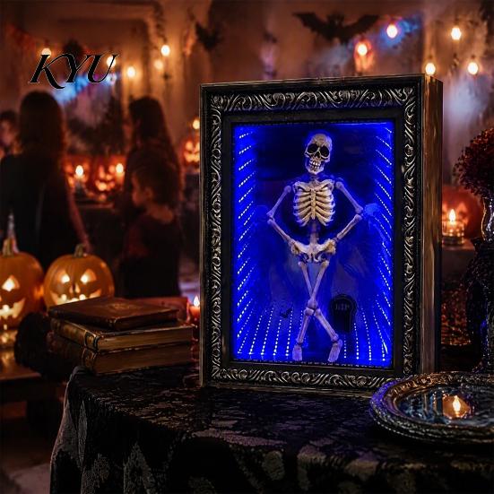 Night Light for Bedroom LED Dancing Skeleton Frame Decor, Glowing Spooky Gothic Desk Accessory Shelf, Halloween Party Atmosphere Ornament, Unique Dark