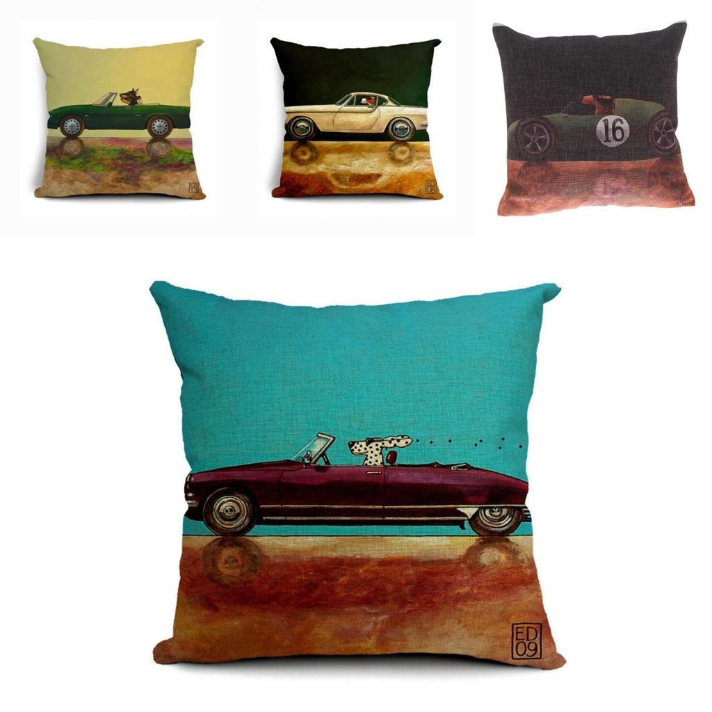 Vintage Car Dog Print Pillow Case In Beautiful Cotton Linen For Stylish Home Decor