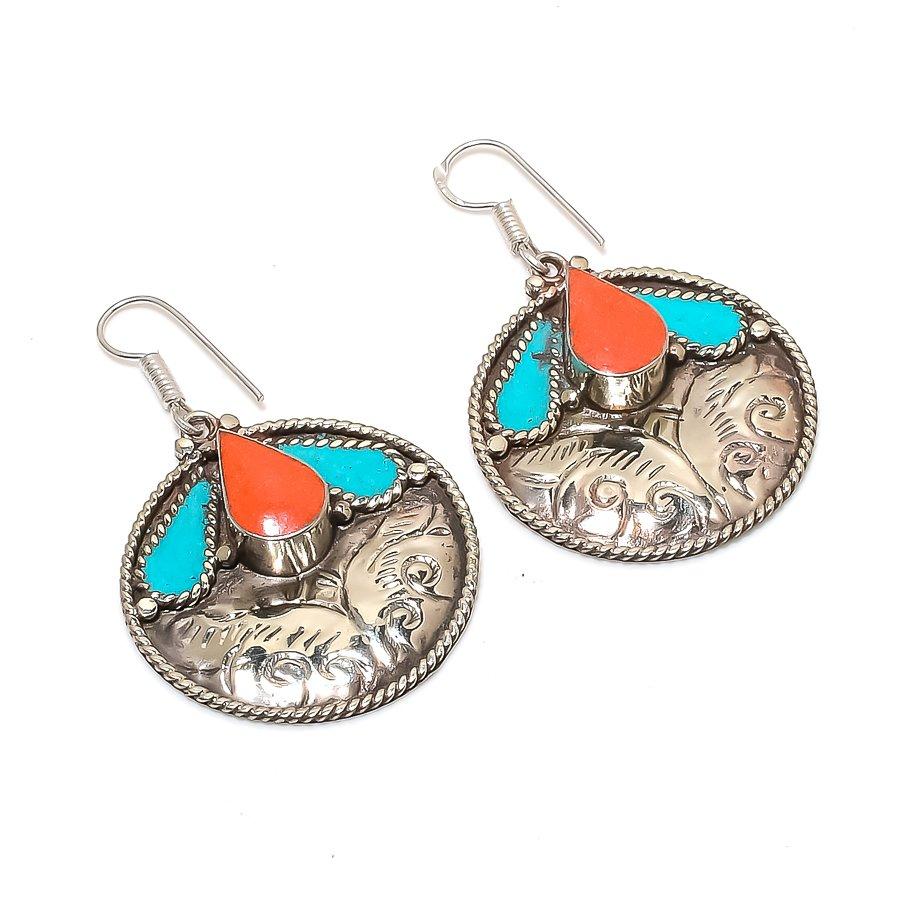 Natural Tibetan Turquoise, Coral Gemstone Handmade Jewelry Earring 2.36" M5B55