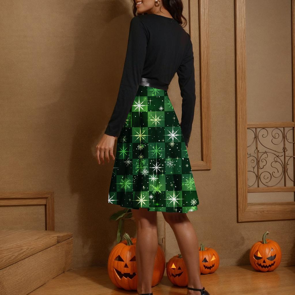 Women's Casual Fashion V-neck Long Sleeved Retro Christmas Print Retro Dress