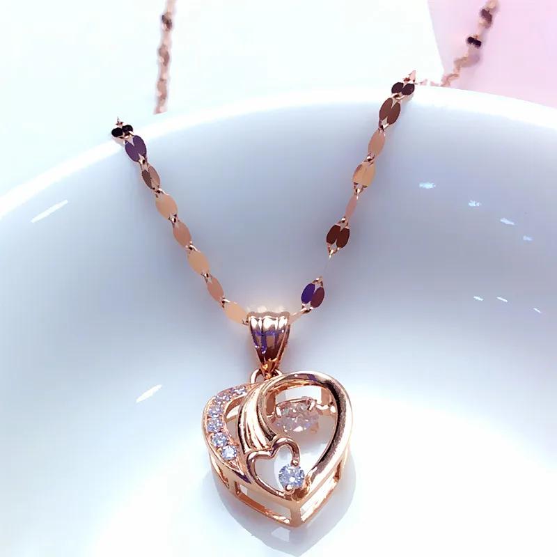 Purple Gold Inlaid Crystal Hollow Heart Neckalce For Woman Plated 14K Rose Gold Pendant Fashion Sweet Engagement Jewelry