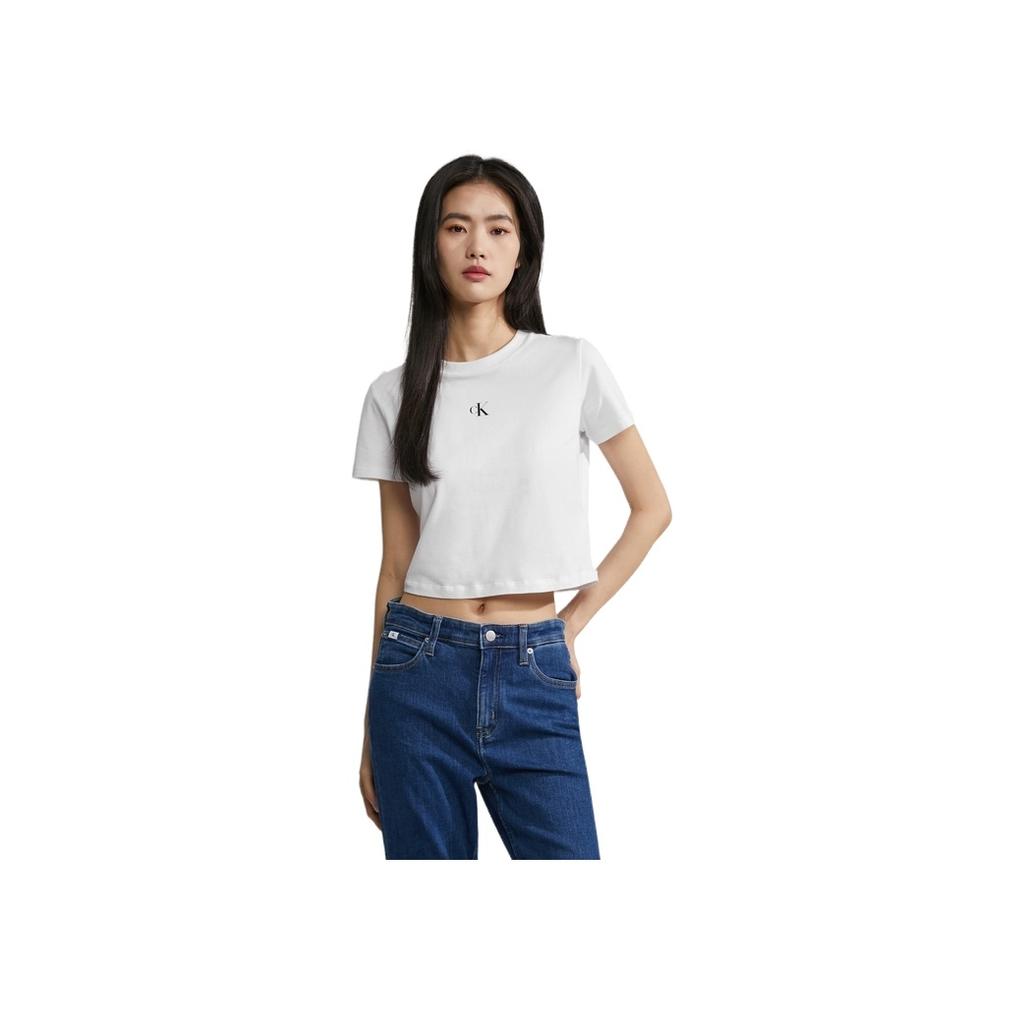 Calvin Klein Letter Print Casual Crew Neck T-Shirt Women Tops Moonlight-White J221837-YAF