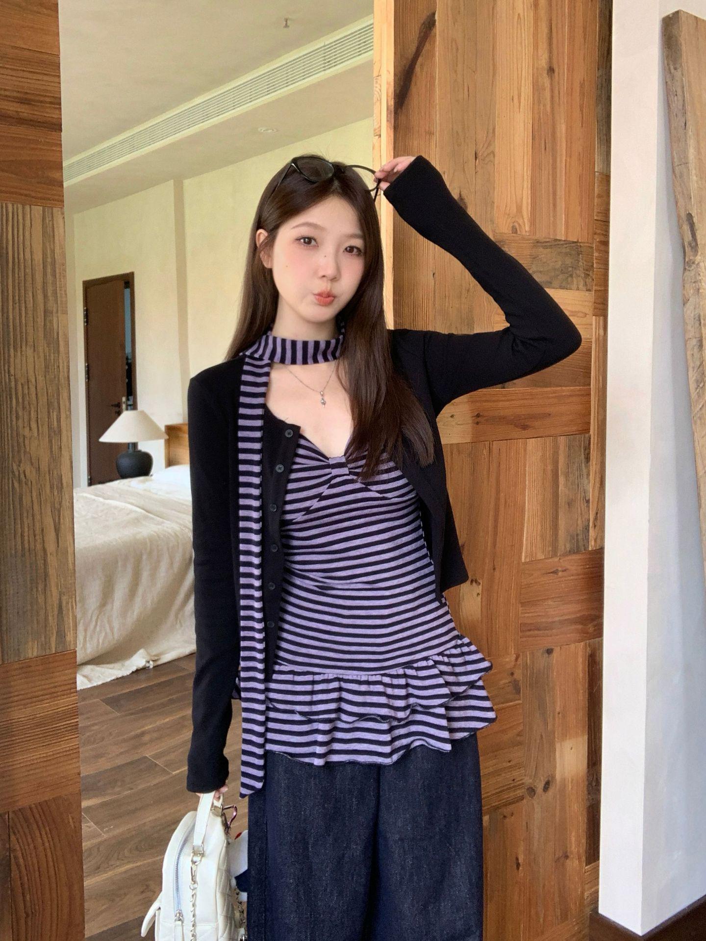 

Plus Size Women s Autumn Korean Striped Camisole & Slimming Cardigan Set 4XL (175-190 lbs)