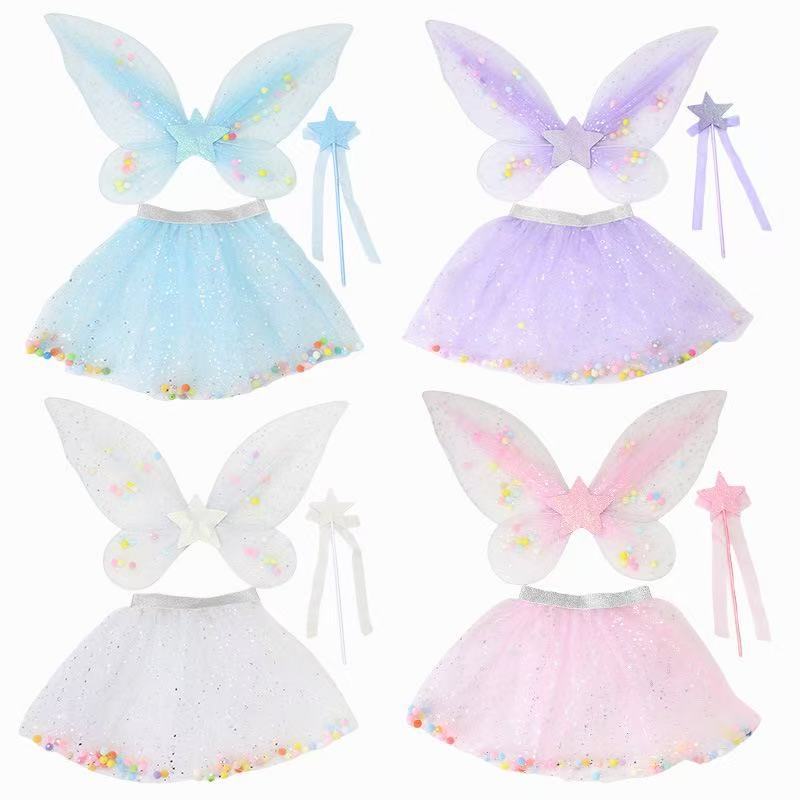 Children's Butterfly Colored Ball Wings Tutu Skirt, Angel Wings Three-piece Stage Performance Mesh Skirt