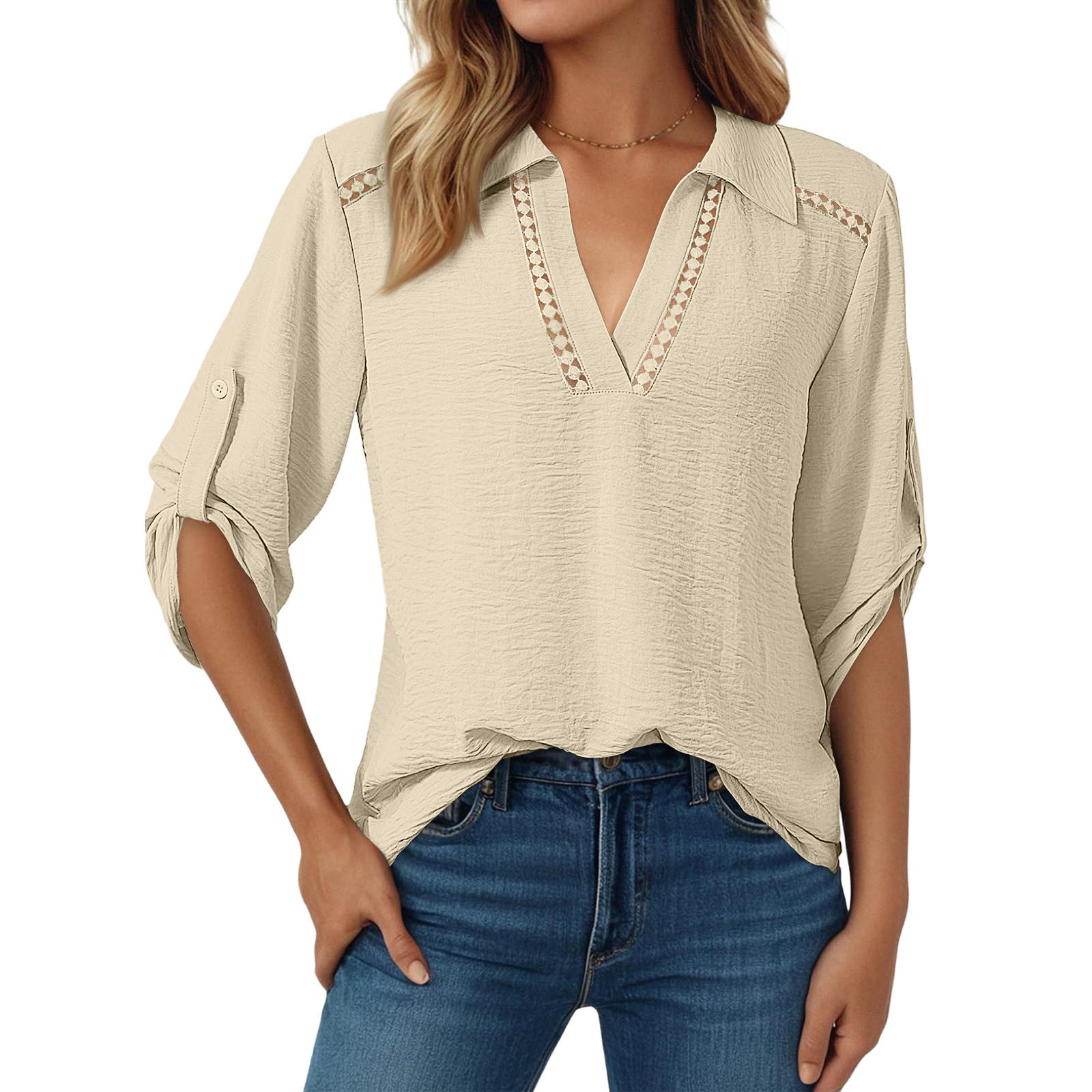 

Women s Casual Openwork 3/4 Sleeve V-Neck Top XXL бежевий