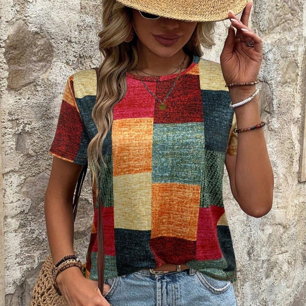 Women's Fashion Color Block Short Sleeve T-Shirt For Summer Geometric Graphic Tees Casual Round-neck Women Tops