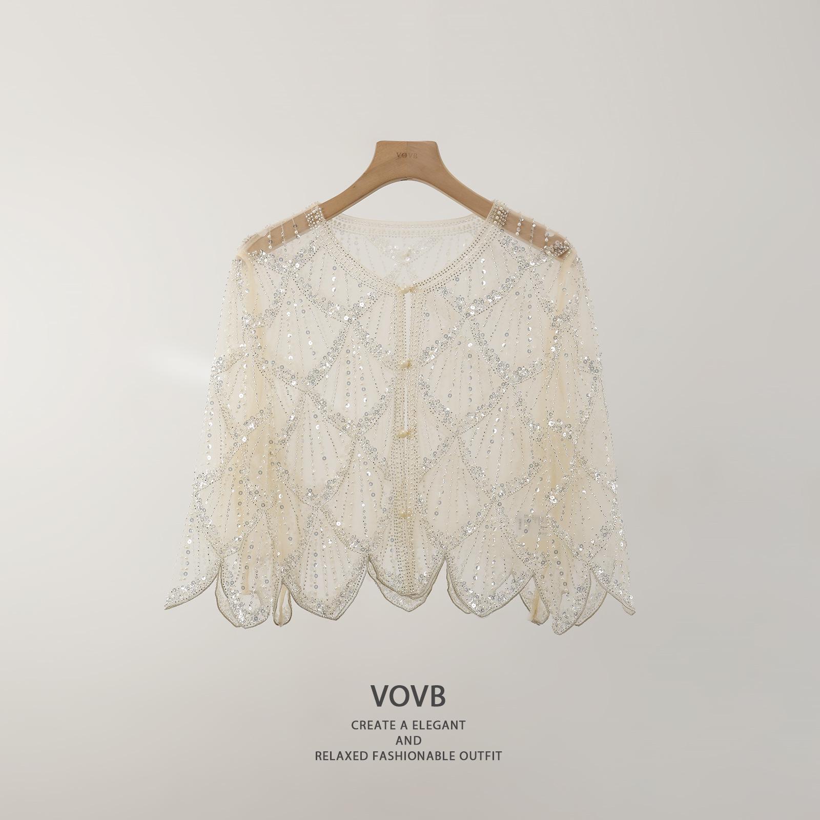 

Elegant French Long-Sleeved Top with Handmade Sequin Beading - Women s High-End Sunscreen Apparel XL [60-65 kg]