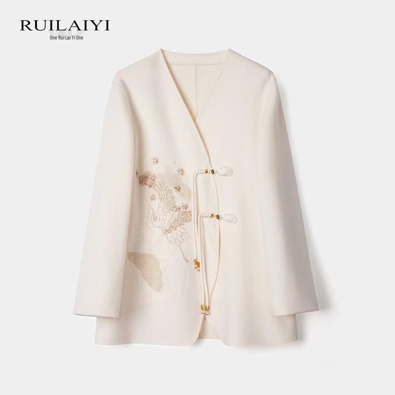 

RUILAIYI Women s Double-faced Wool Embroidered Beaded Overcoat XL
