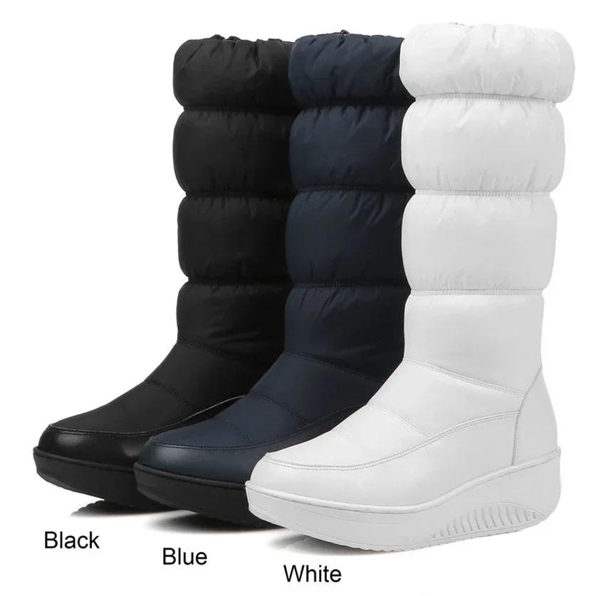 Μοντέρνες Ρωσίδες Ζεστές Βελούδινες Μπότες Χιονιού Μήκους Μέσης Γάμπας Μαύρες Λευκές Αδιάβροχες με Πουπουλένιο Γέμισμα Γυναικείες Μπότες Ήμισυ Γάμπας με Πλατφόρμα και Τακούνι Σφήνα με Πλαϊνό Φερμουάρ