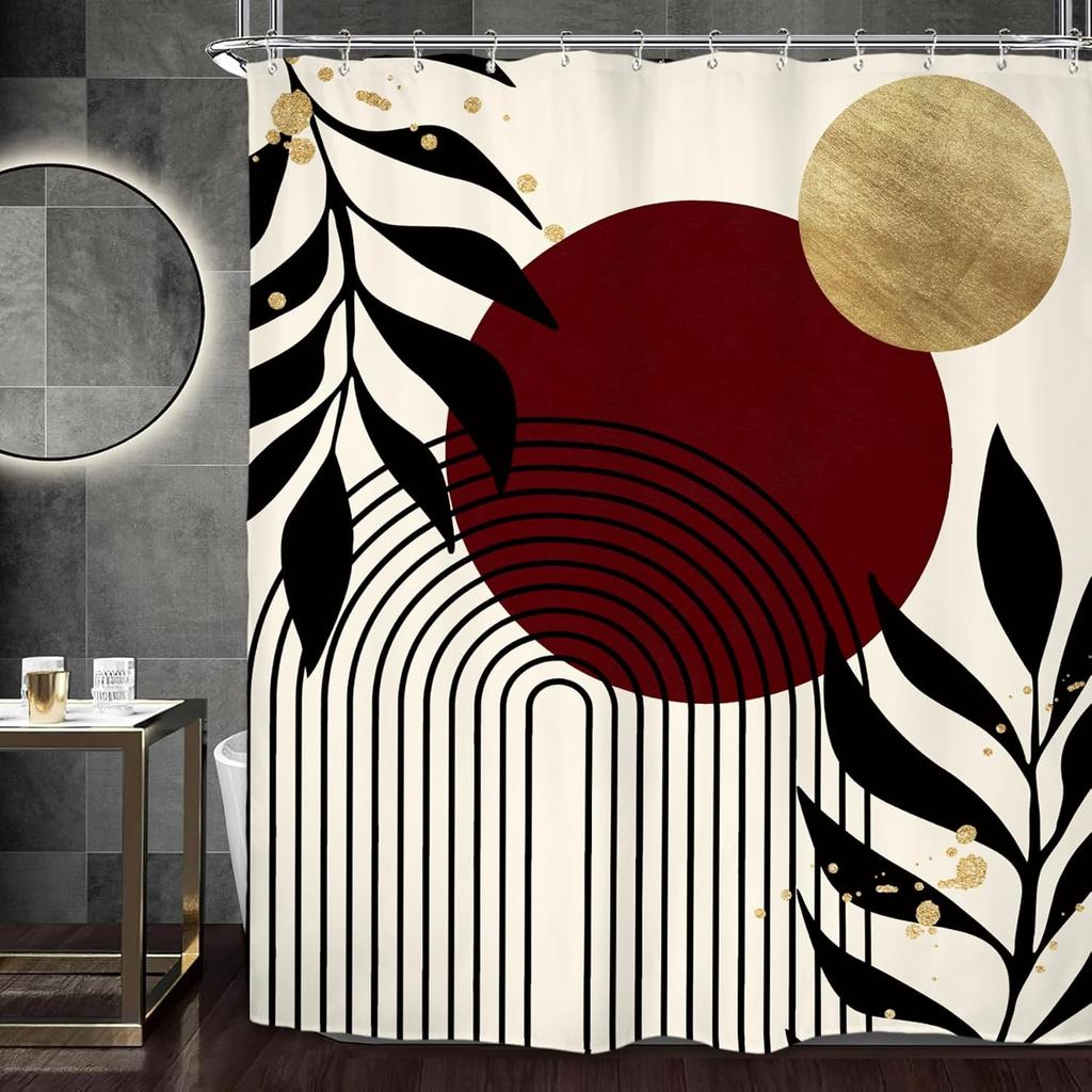 Abstract Zen Spa Shower Curtain Set Minimalist Bible Meditation Modern Aesthetic Contemporary Green Plant Leaves Monstera