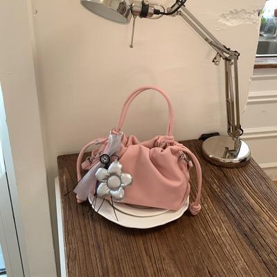 Y2K Cute Cloud Bucket Bag for Women, Soft Leather Drawstring Handbag with Flower Pendant, Aesthetic Crossbody Shoulder Bag