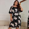 Plus Size Women's Mid-Length Silk Print Pajama Dress - Summer Pullover Nightwear