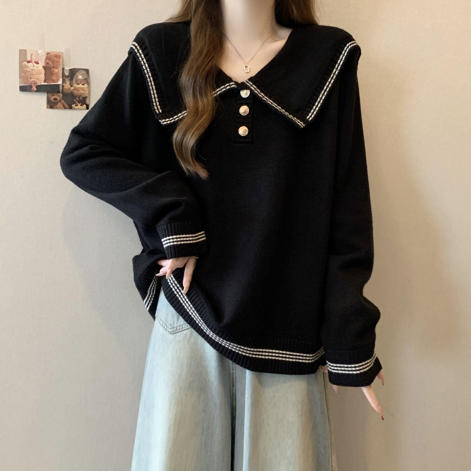 French Style Plus Size Peter Pan Collar Sweater for Women - Autumn/Winter, Slimming Design, Fashionable Navy Collar XL [60-70kg]