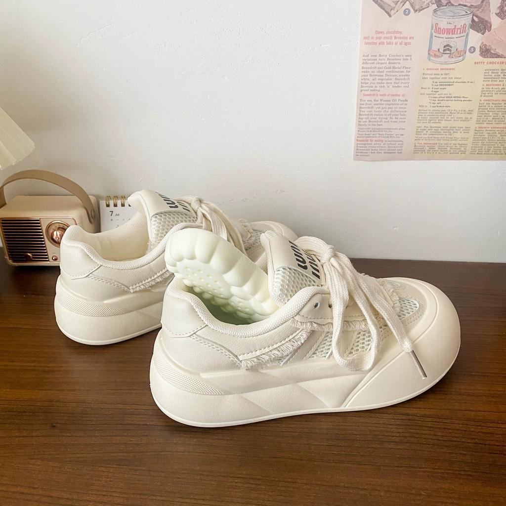 Round head thick-soled mesh ugly cute little white shoes women's 2025 summer new breathable bread shoes casual versatile board shoes
