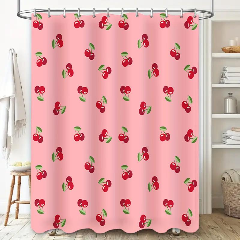 Cherry Print Shower Curtain Bath Room Decor Pink Flower Printed Fabric Waterproof Washable Modern Kitchen Decoration Size: 180x2