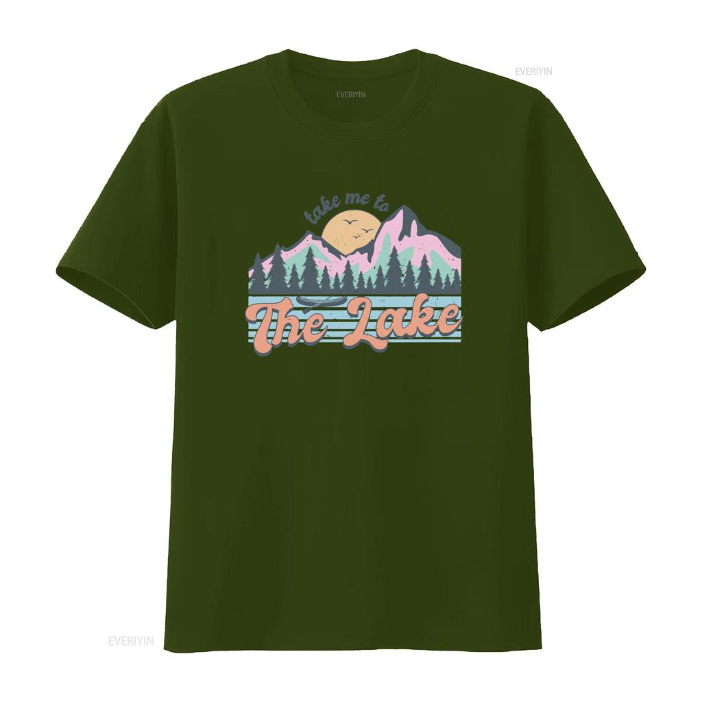 Retro Vintage Take Me To The Lake Mountain Sunset Nature Outdoor Casual Print T Shirt Vintage Washed Designer Clothes Stylish